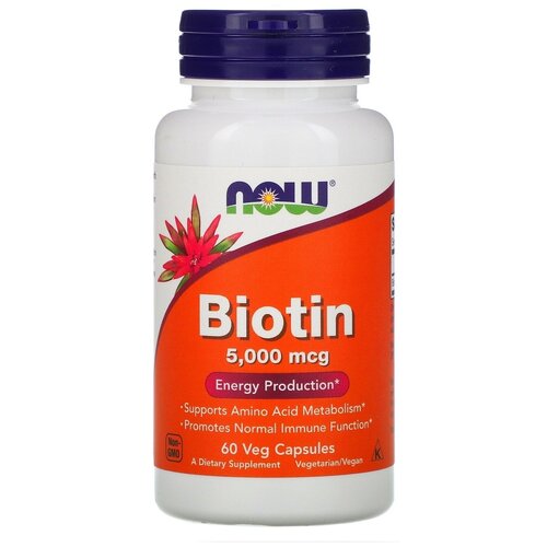 фотография Капсулы NOW Biotin, 100 г, 150 мл, 5000 мкг, 60 шт., купить онлайн за 1575 рубл